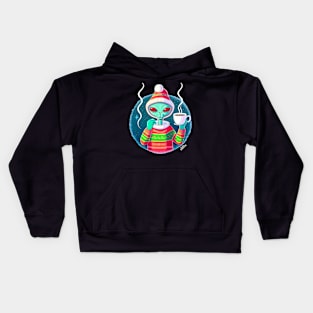 Christmas Funny Alien Drinking Coffee Wearing Sweater Kids Hoodie